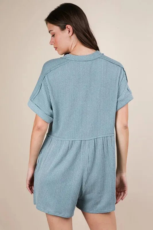 VERY J Two Tone Ribbed Knit Comfy Casual Romper