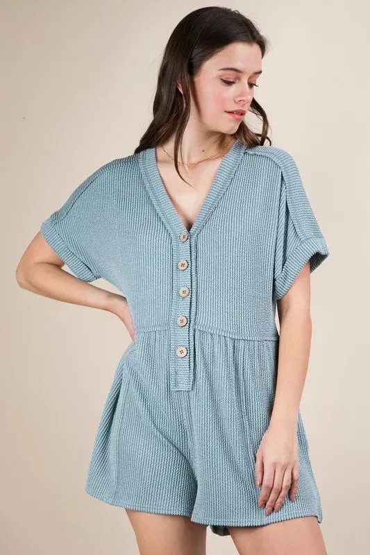 VERY J Two Tone Ribbed Knit Comfy Casual Romper