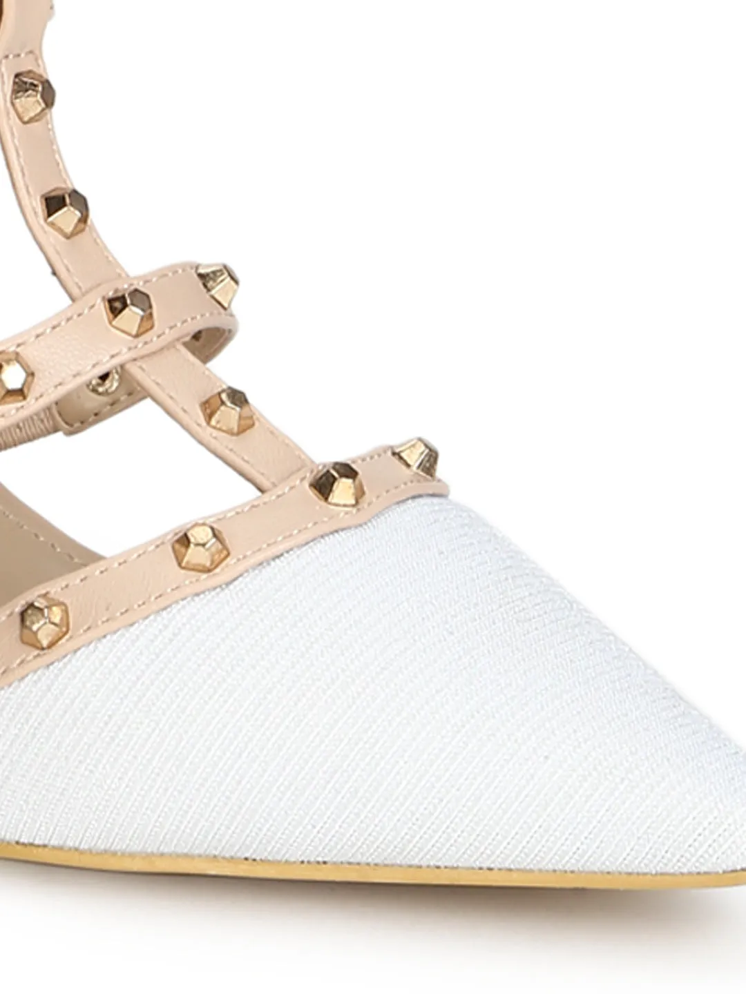 White Nude Studded Strappy Kitten Heels
