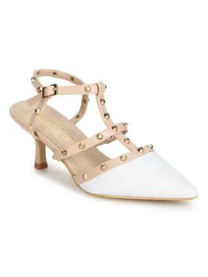 White Nude Studded Strappy Kitten Heels