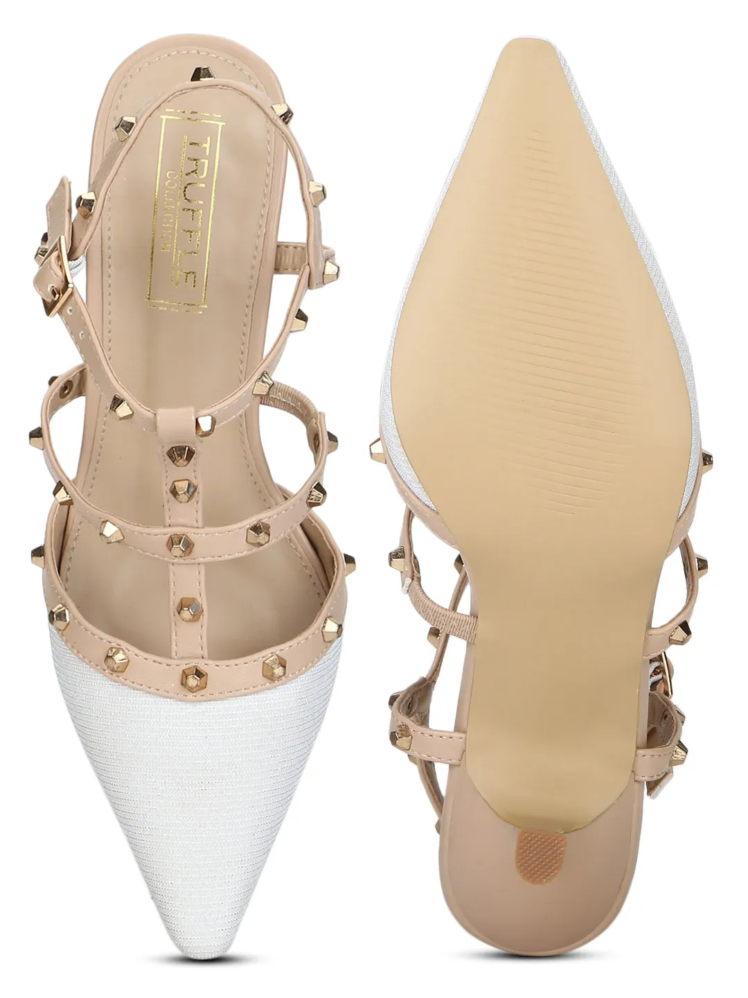 White Nude Studded Strappy Kitten Heels